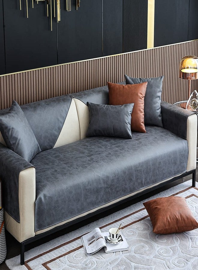 XSlive Faux Leather Waterproof Couch Sofa Cover Vintage PU Sectional Couch Cover Non Slip Sofa Slipcover Furniture Protector for Kids Dogs Cats (Gray,28"x47") - Image 3